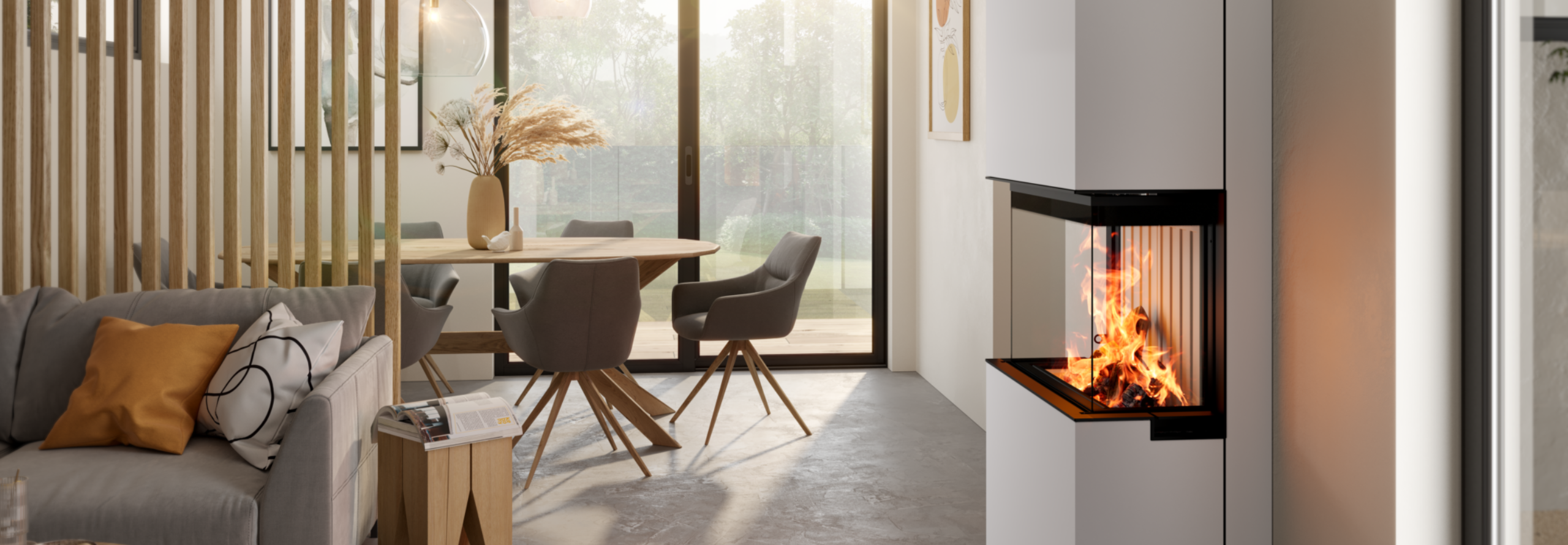 Ein flacher weißer Kaminofen steht direkt an einer Wand in einem modernen Wohnzimmer neben einer Couch.