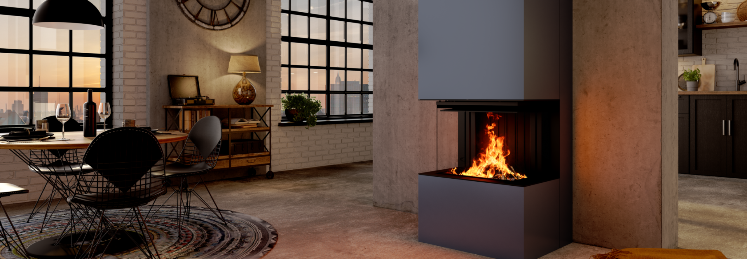 Eine anthrazitfarbene Kaminanlage steht in einem im Industrial-Stil eingerichteten Wohnzimmer.