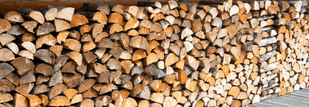 Holzscheite liegen gestapelt in einem Regal.