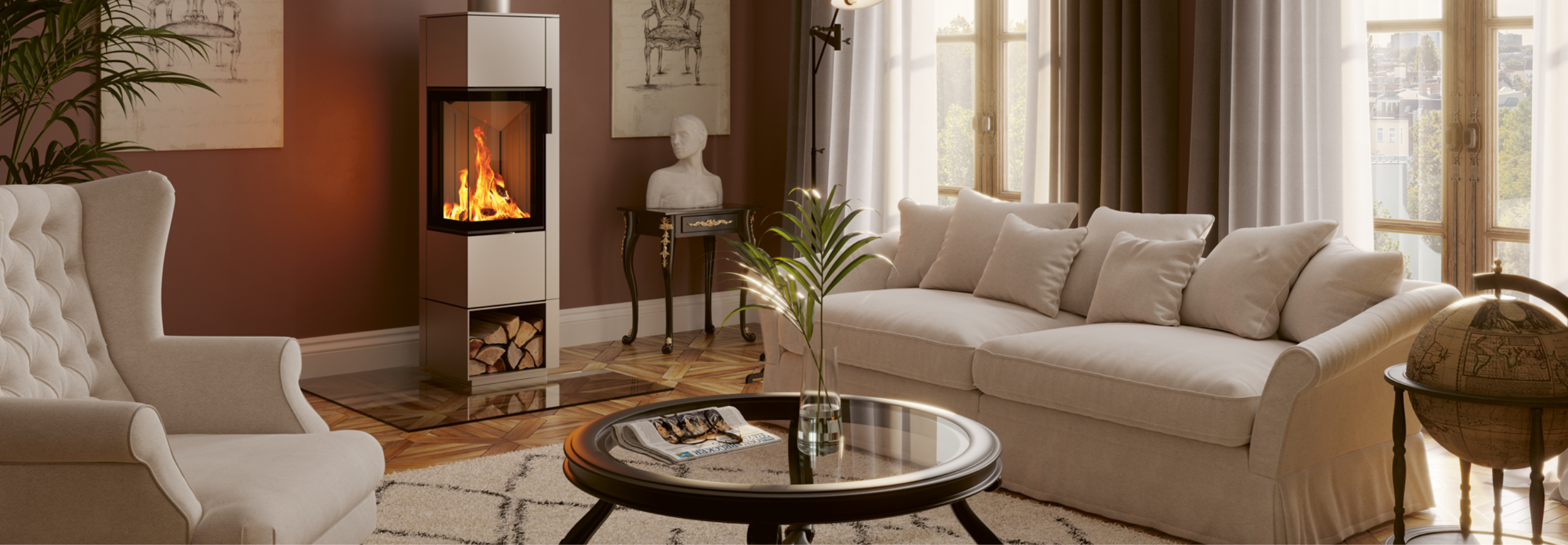 Der Piko S steel steht in einem klassisch eingerichteten Wohnzimmer zwischen zwei beigen Sofas.