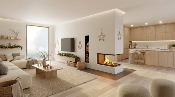 Kamineinsatz als Raumteiler in einem minimalistisch geschmückten Wonzimmer.