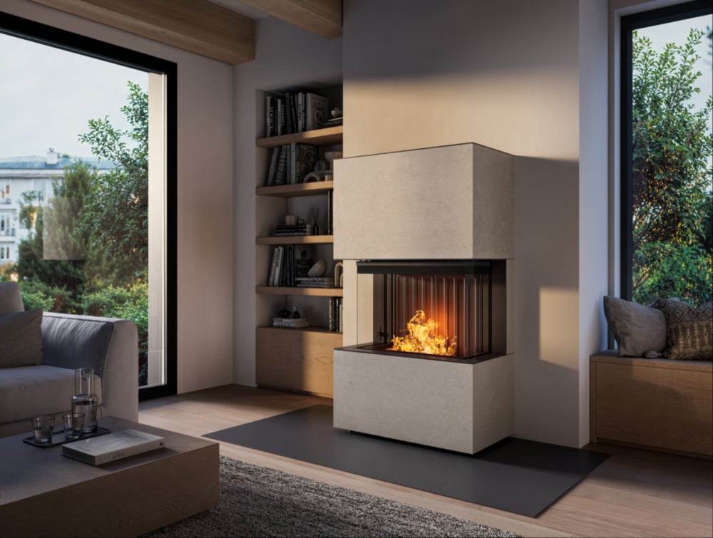 Der Kamin Opal in der Farbe Kalkstein Porto Blanco