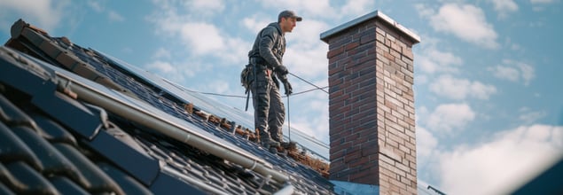 Ein Mann steht auf einem Dach und prüft einen Schornstein.