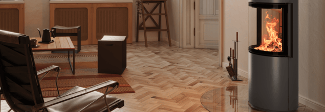 Runder Kamin mit Glasvorlegeplatte in edlem Zimmer