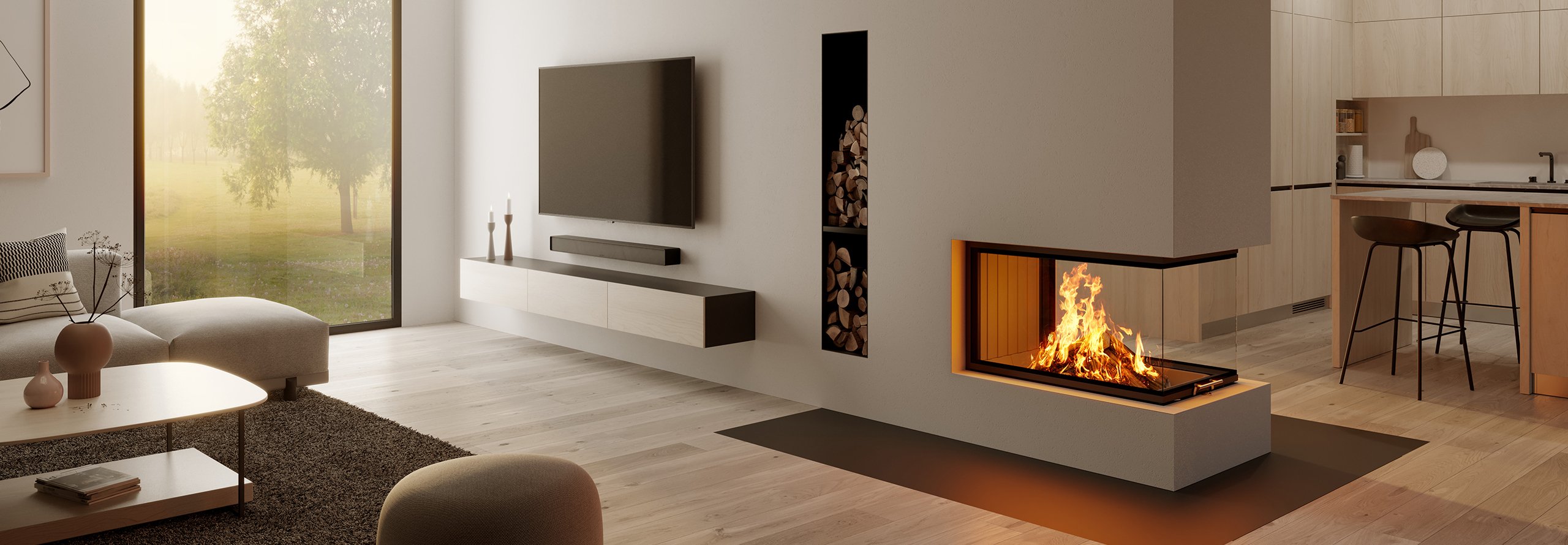 Ein Kaminofen mit einem Holzfach fungiert als Raumteiler zwischen einem modernen Wohnzimmer und einer Küche.