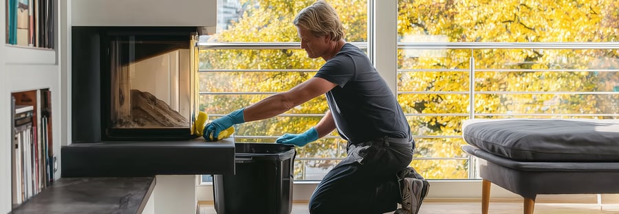 Mann macht Kamin von außen sauber