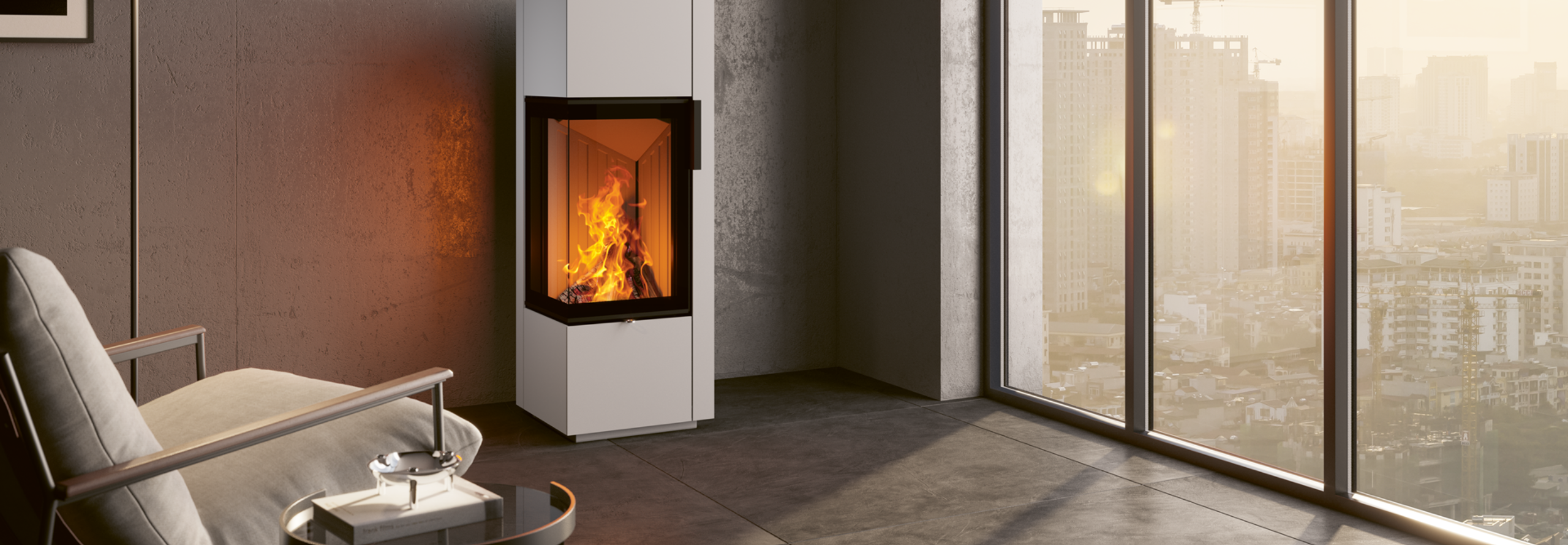 Der Piko S steel steht in einem modernen Raum direkt neben einem Fenster mit Blick auf eine Skyline.