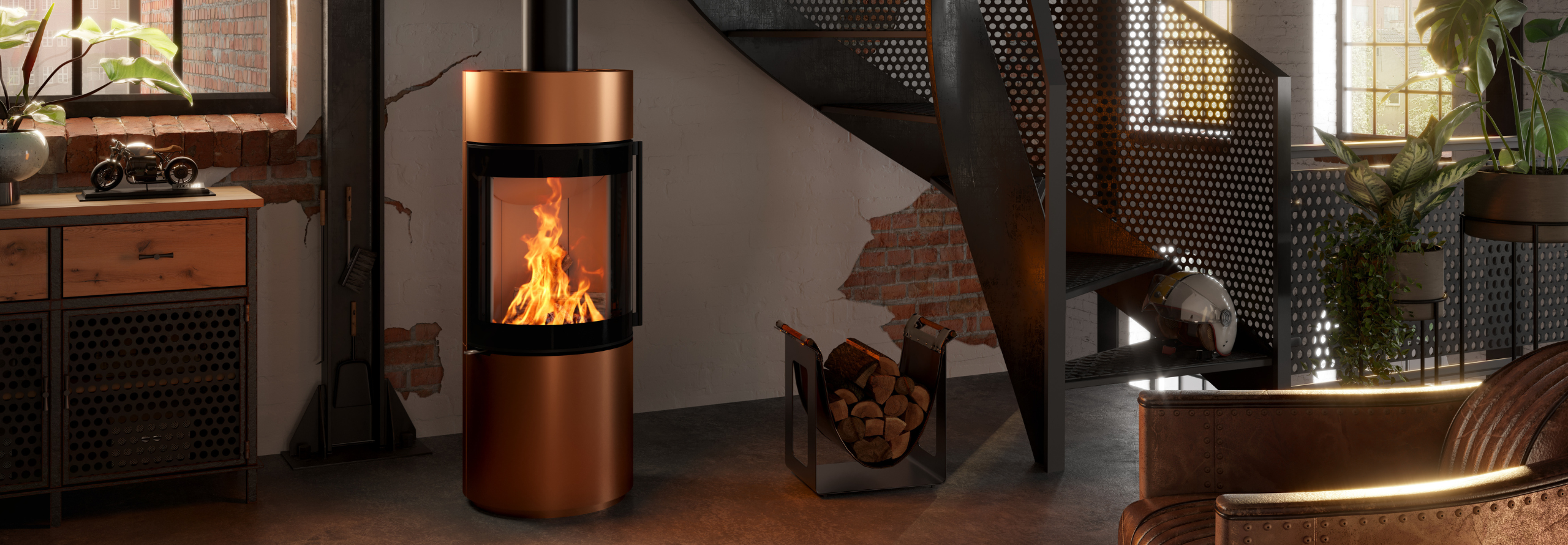 Kaminofen in einem industriell eingerichteten Wohnzimmer.