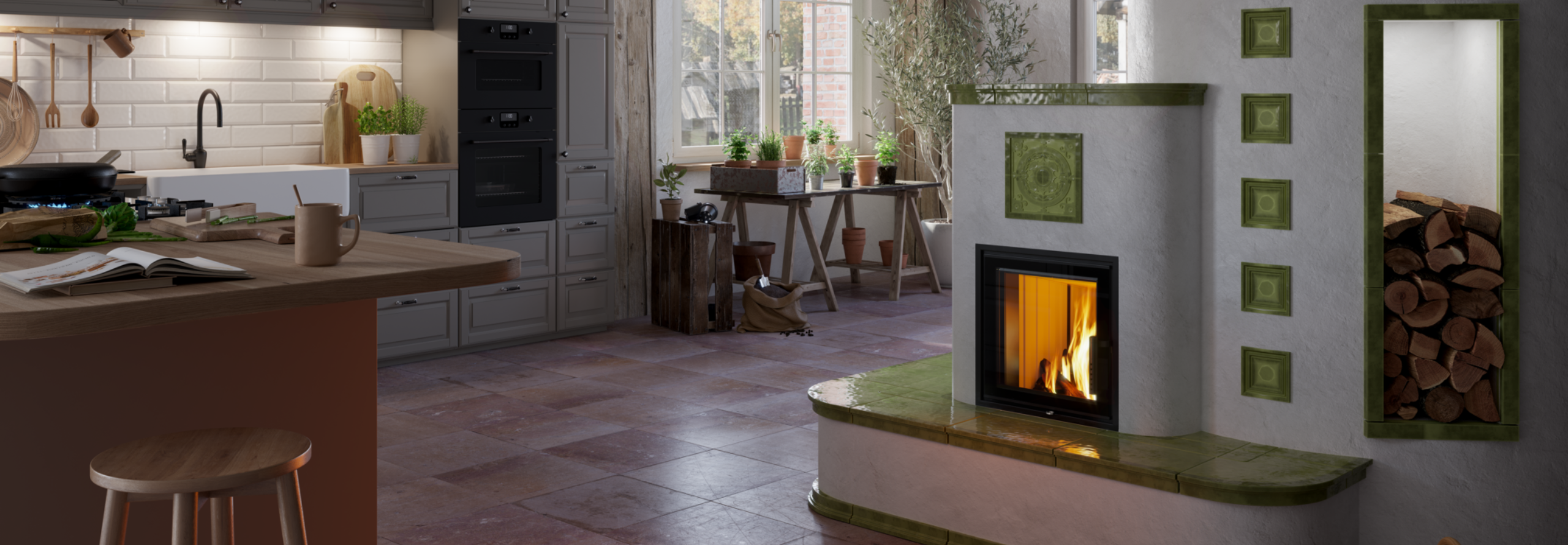 Weißer Kamin mit grüner Dekoration steht in offenem Wohnzimmer