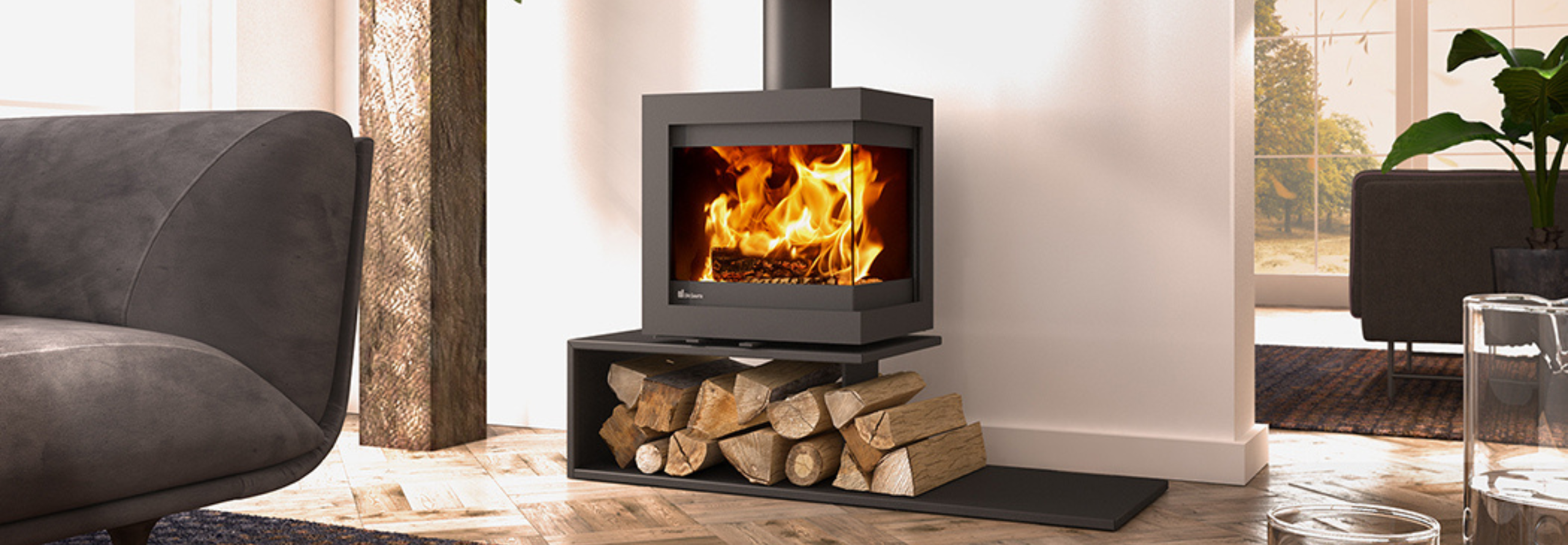 Rechteckiger Kamin mit integriertem Holzlager darunter