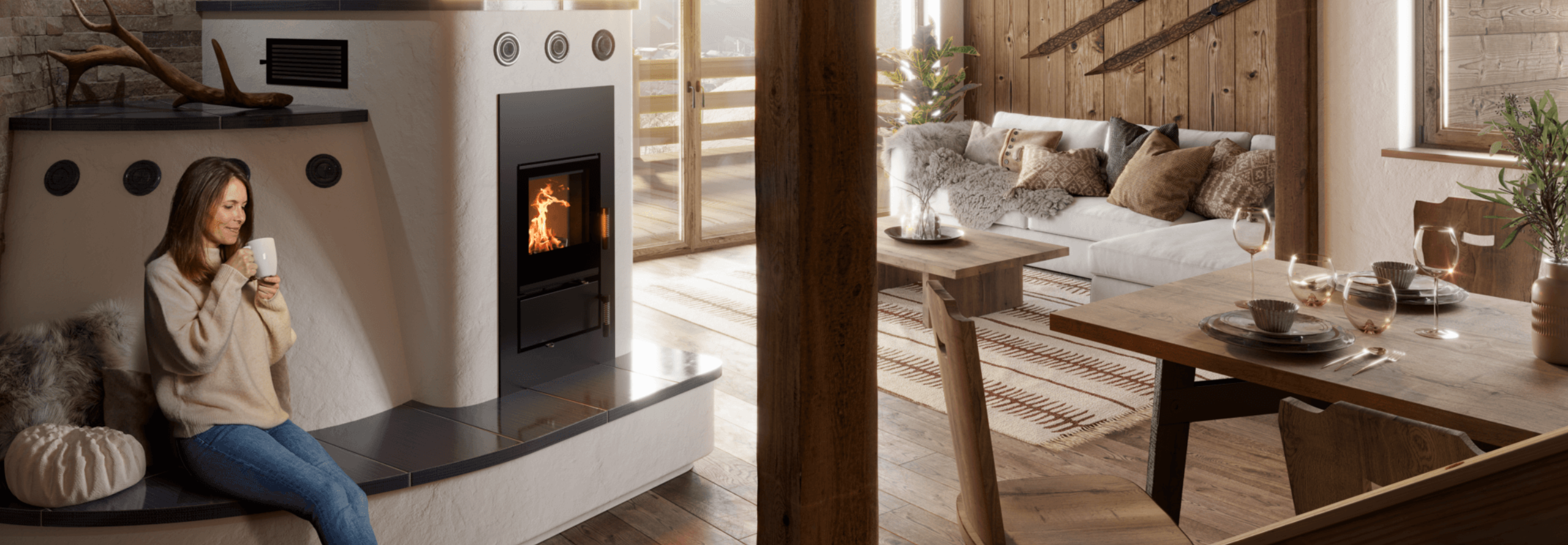 Frau sitzt direkt neben ihrem Kamin