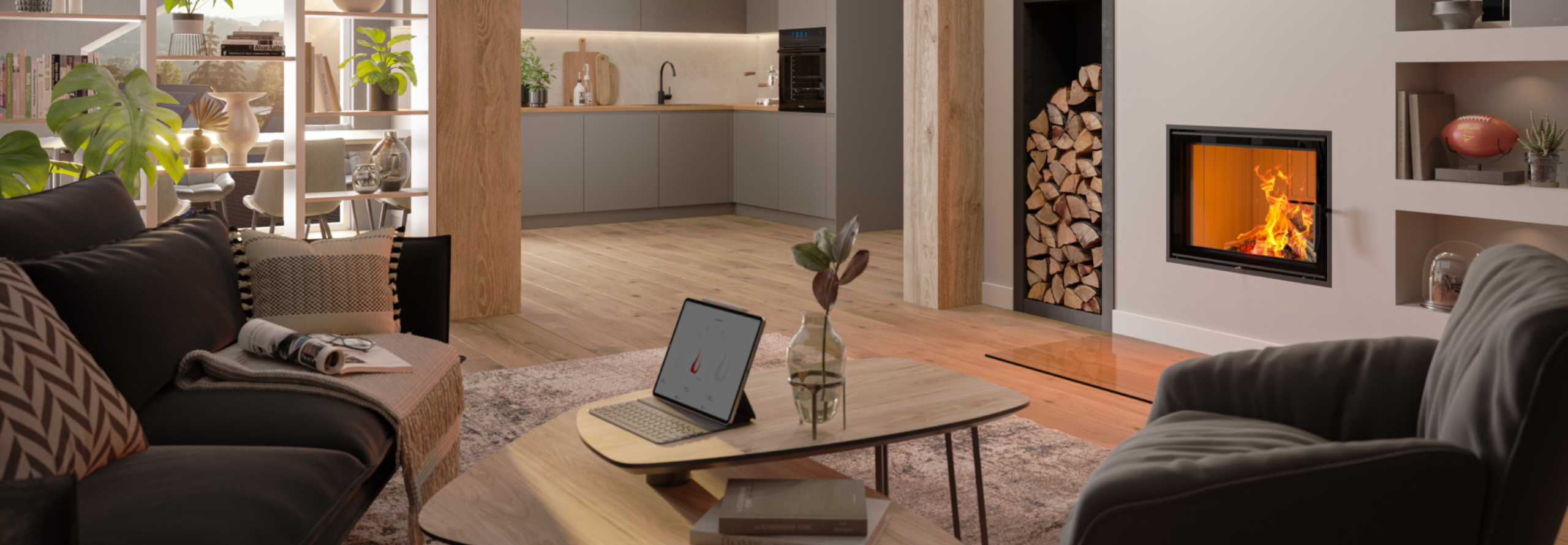 Ein Einbaukamin in einem offenen Wohnbereich.