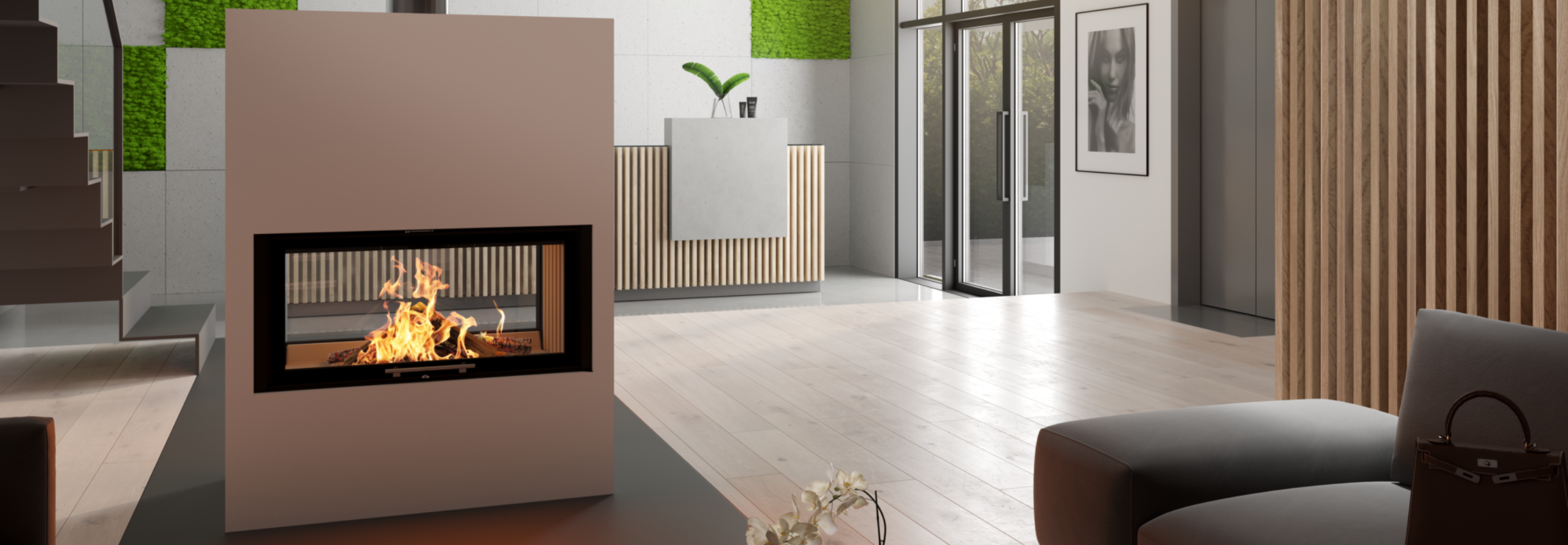 Ein Tunnelkamin in einem modernen Eingangsbereich.