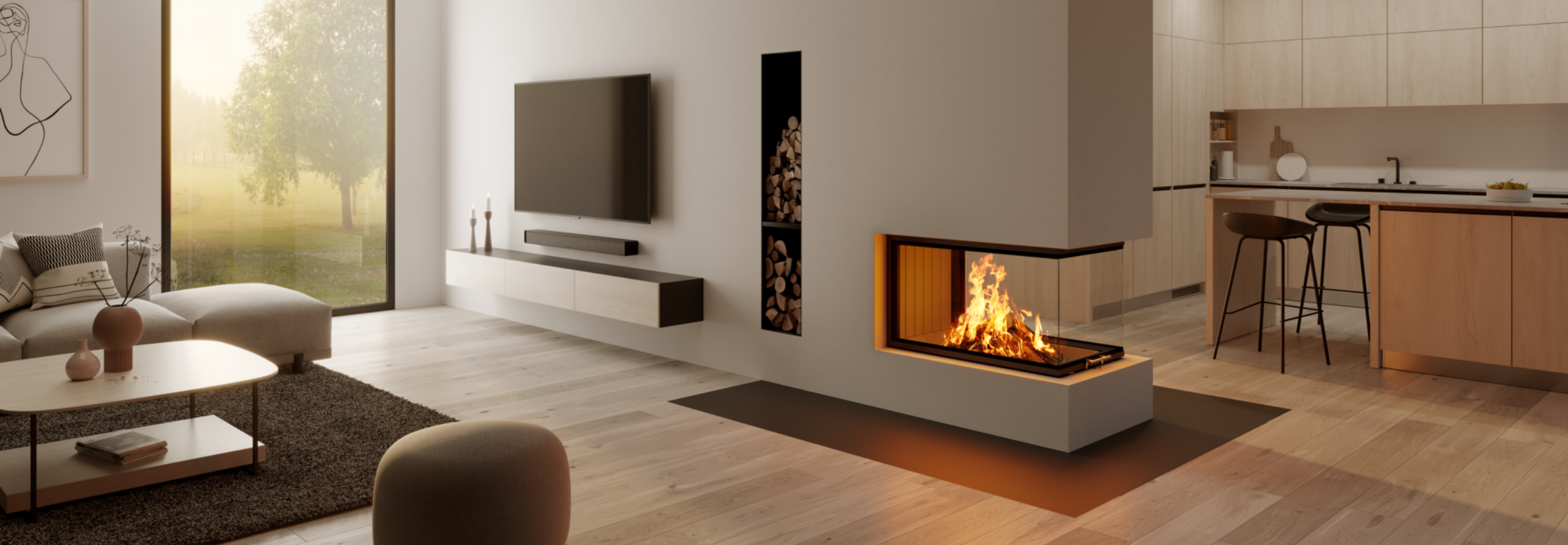 Ein Kamin als Raumteiler zwischen Küche und Wohnzimmer.