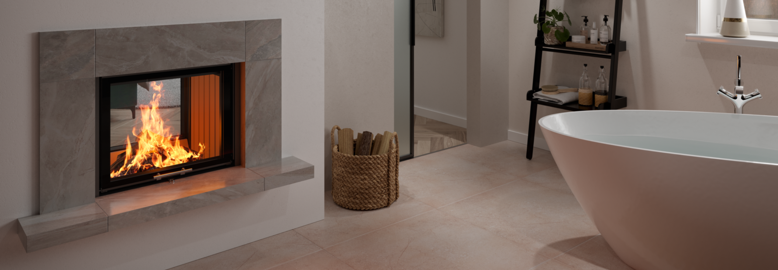 Ein Tunnelkamin im Badezimmer.