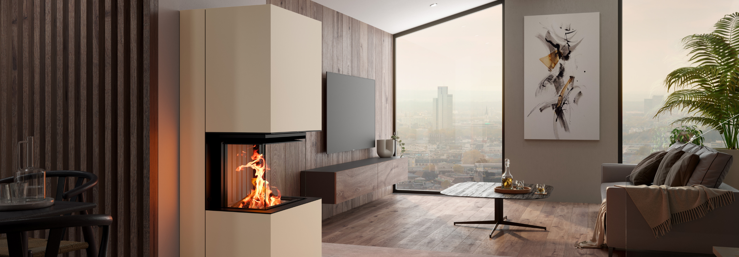 Brennender Kamin steht in hölzernem Wohnzimmer