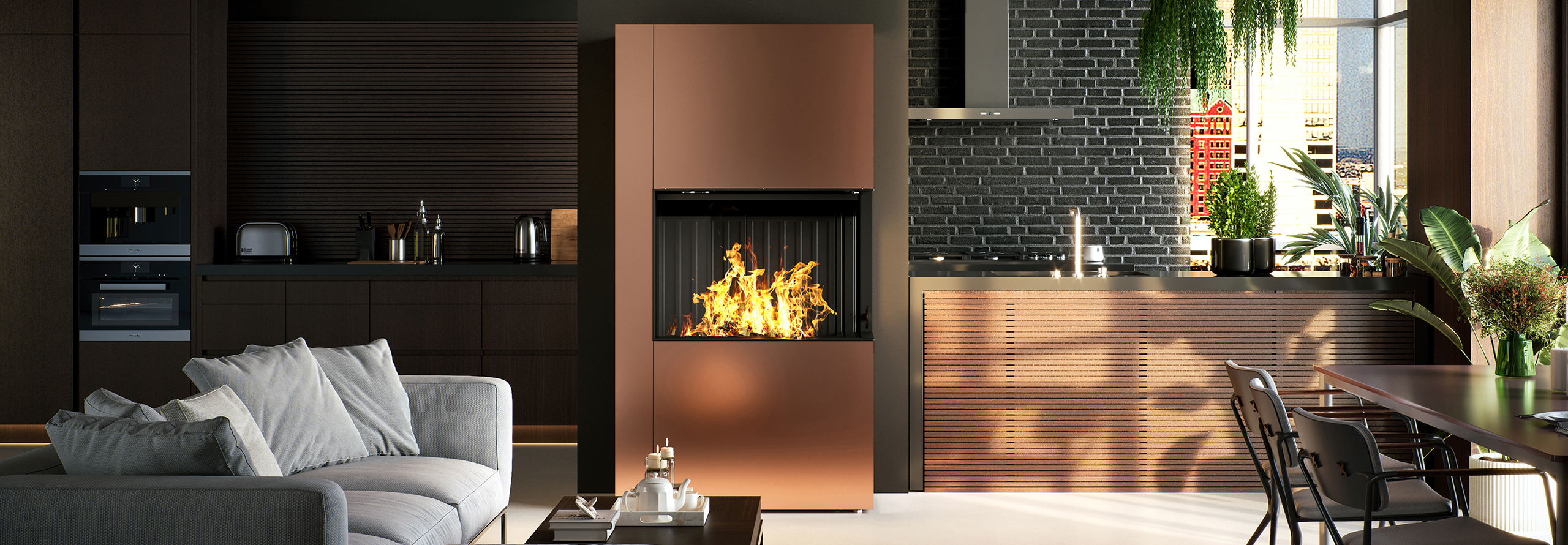 Edler, Kupferfarbener Kamin mittig in dunklem Raum