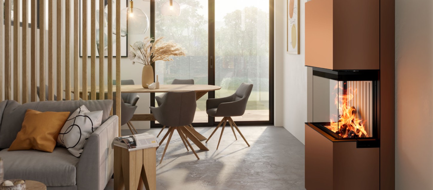 Kupferfarbener Kamin in hellem Wohnraum