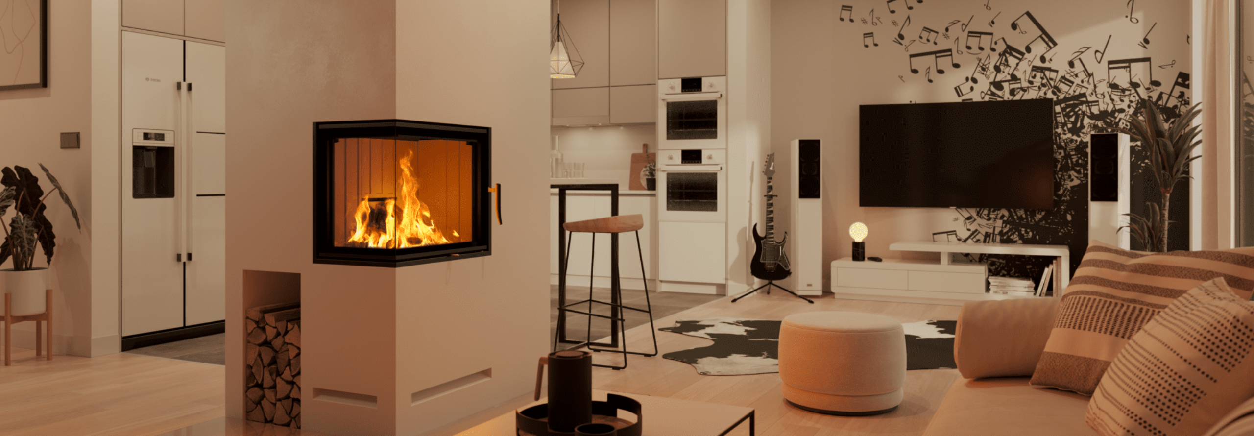 Ein Kamin in einem Raumteiler zwischen Wohnzimmer und Küche.