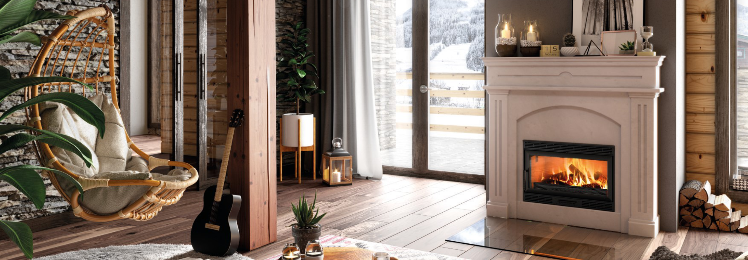 Eingebaute Kaminkassette mit Glasvorlegeplatte steht in einem Wohnzimmer neben einem Fenster.